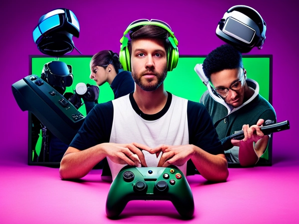 YouTuber gamer sitting at a desk, surrounded by game consoles 