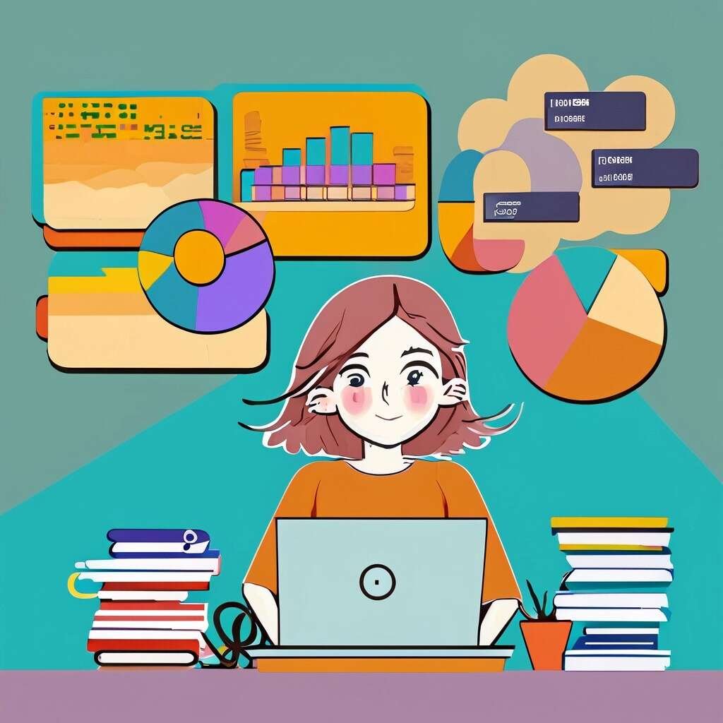 a girl sitting at a desk, surrounded by stacks of books, a laptop displaying YouTube analytics, and colorful trend charts pinned on a wall