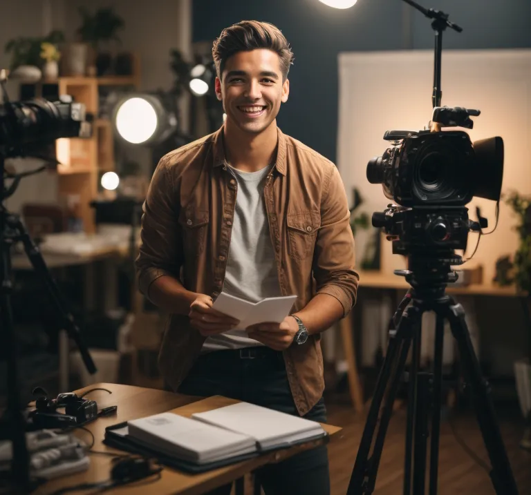 YouTuber in his studio holding script. he is and Building A Brand On YouTube