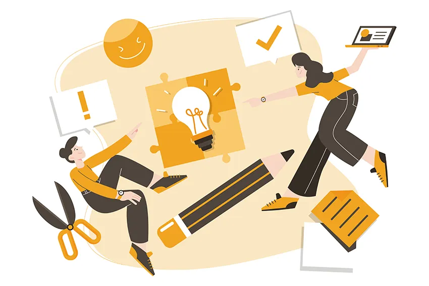 an illustration showing 2 women with laptop and highball doing brainstorming video content concepts