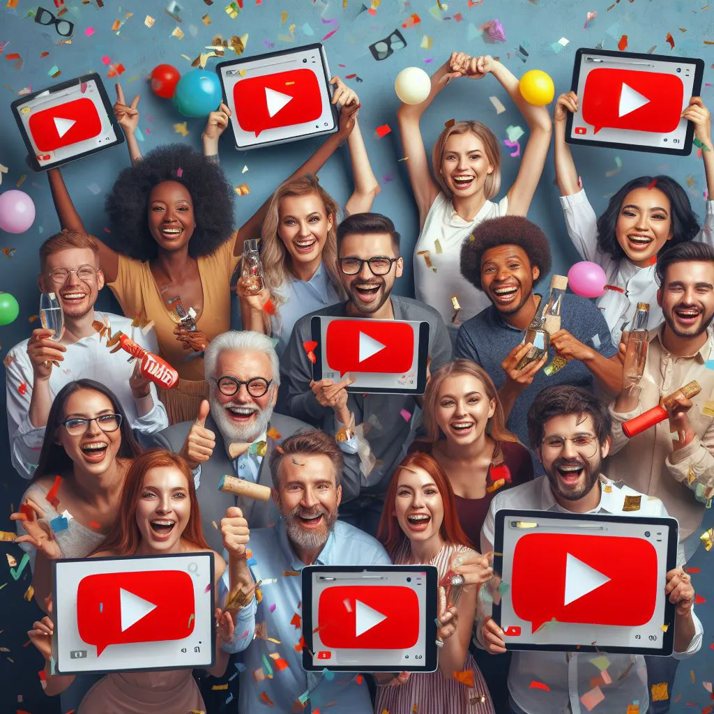 A diverse group of individuals smiling and holding up their YouTube play buttons