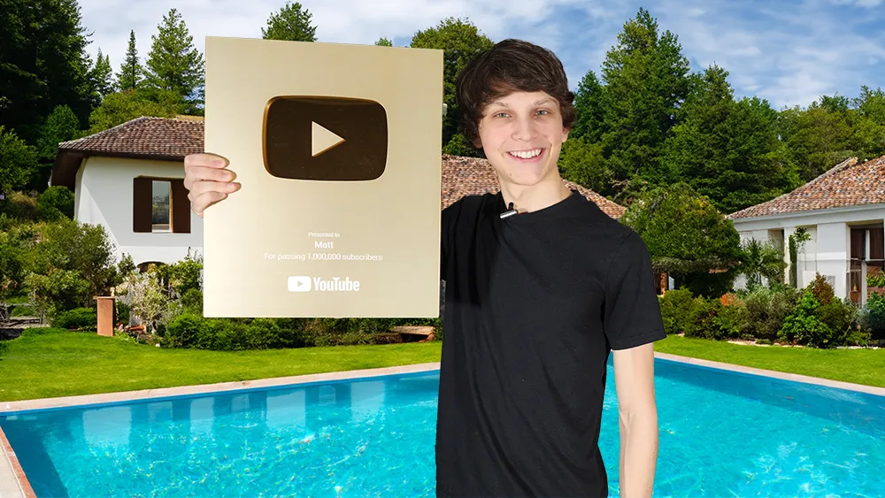 Matt Par is holding a golden play button with swimming pool in the background