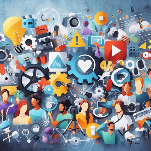 a digital collage of diverse, figures with a camera, microphone, and abstract for YouTube niches concept