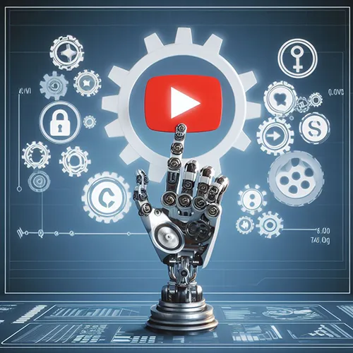 a robotic arm holding a YouTube play button surrounded by gears and icons symbolizing Faceless YouTube Automation Channel