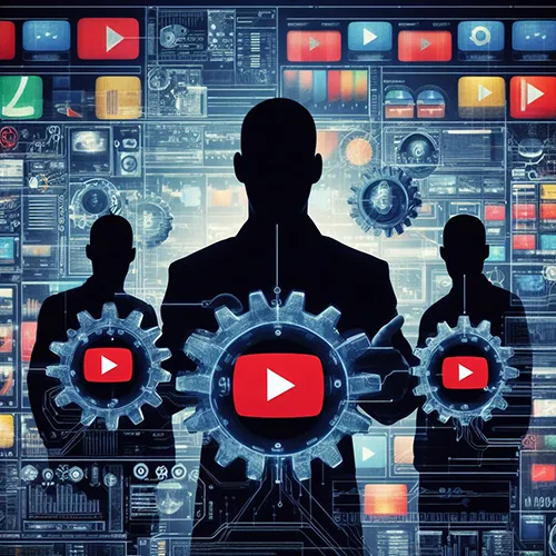 anonymous silhouettes managing a YouTube interface with automated gears and colorfull video thumbnails in the background, symbolizing Drawbacks and Limitations of faceless content creation