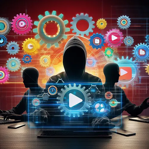 anonymous silhouettes managing a YouTube interface with automated gears and video thumbnails in the background, symbolizing Faceless YouTube Automation