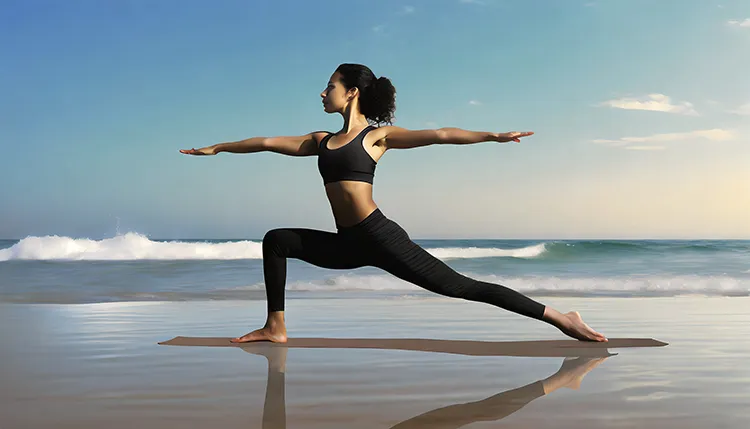 A serene woman gracefully flows through her yoga practice on the beach