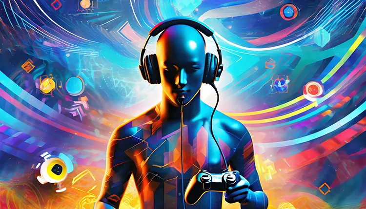 an image of a faceless figure with headphones, a microphone, a gaming controller, and dynamic abstract e-sports elements like stylized gaming icons and vibrant digital waves in the background