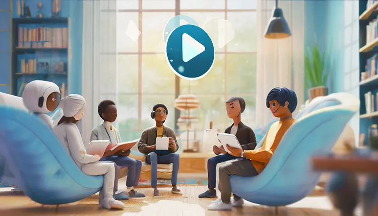 diverse 3D avatars seated in a circle, each holding a digital tablet