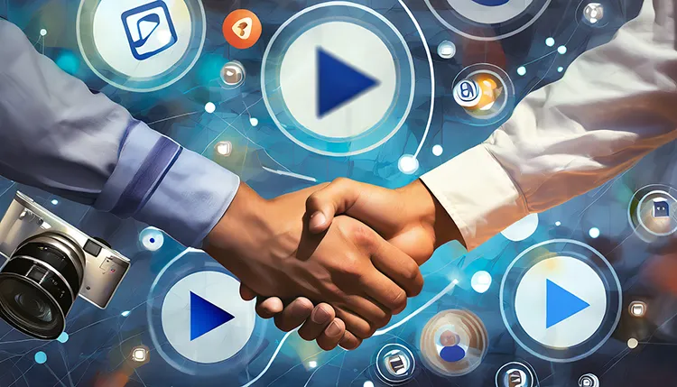 shaking hands with a corporate logo, surrounded by YouTube play buttons